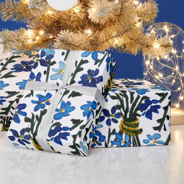 Papier Cadeau Motif Fleur sauvage bleu aquarelle sur blanc (Vacances)