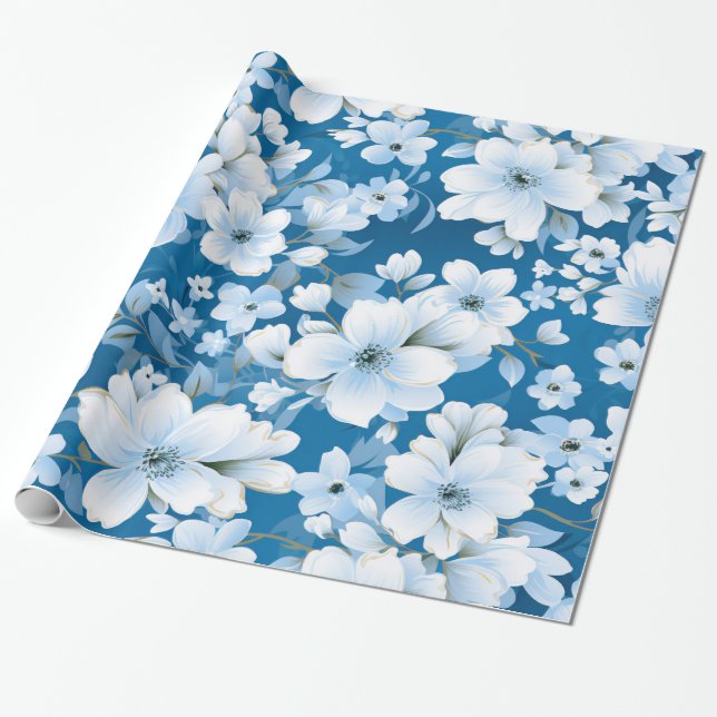 Papier Cadeau motif, fleurs blanches, arrière - plan bleu, (Déroulé)