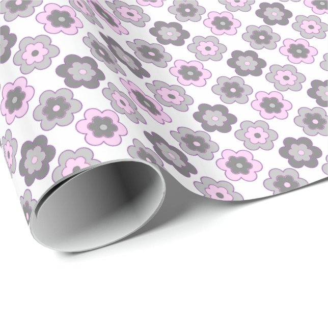 Papier Cadeau Motif Fleurs Bulles Rétro (Rose et Gris) (Coin rond)