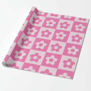 Papier Cadeau Motif Fleurs Rétro Rose Chaud et Blanc à Damier