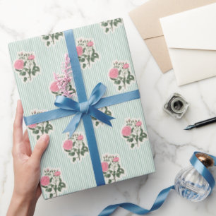 Papier Cadeau Motif Fleurs Roses Roses Pâles Bandes Vertes