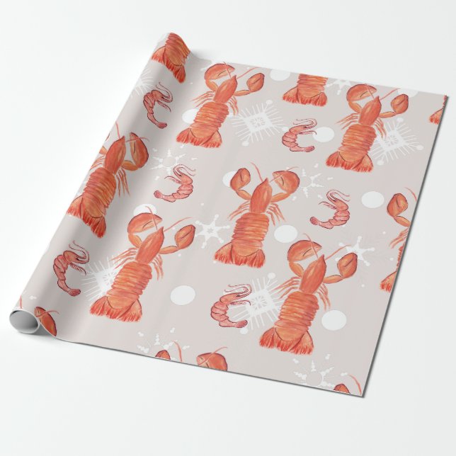 Papier Cadeau Motif flocon de neige aquarelle crustacé homard  (Déroulé)