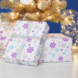 Papier Cadeau Motif Flocon de Neige Hiver Gris Bleu Violet
