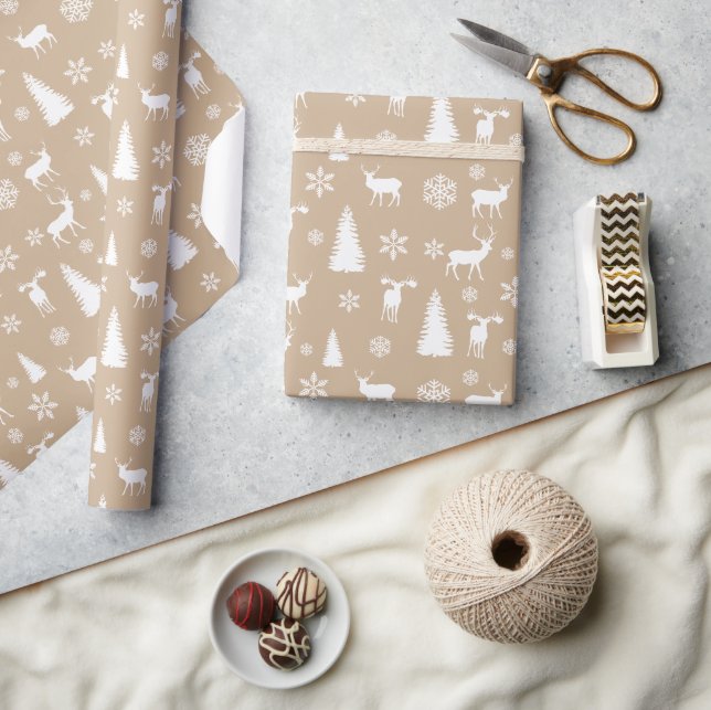 Papier Cadeau Motif Flocons de Neige Cerf Blanc Moderne (Artisanat)