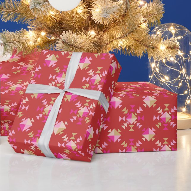Papier Cadeau Motif Flocons de Neige Géométriques Or Rose Rouge  (Vacances)