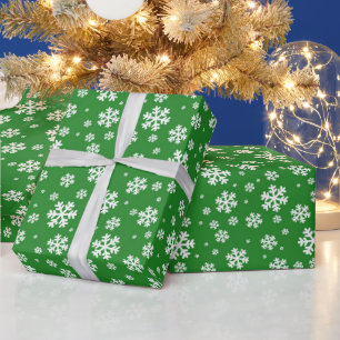 Papier Cadeau Motif flocons de neige hivernaux vert et blanc fes