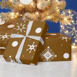 Papier Cadeau Motif Flocons de Neige Marron Blanc