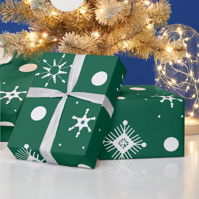 Papier Cadeau Motif Flocons de Neige Vert Blanc (Vacances)