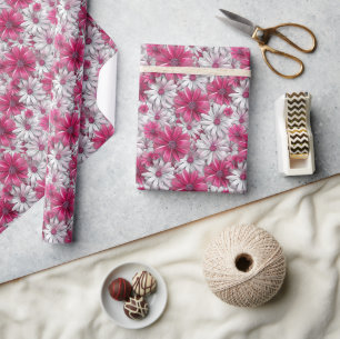 Papier Cadeau Motif floral 3D avec floraison rose et blanche