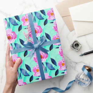 Papier Cadeau Motif floral à l'aquarelle rose et bleu