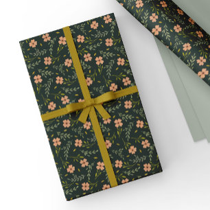 Papier Cadeau Motif floral à l'aquarelle vert foncé délicat et c