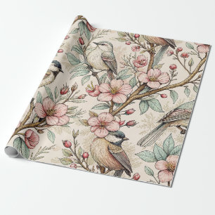 Papier Cadeau Motif floral à l'encre noire et oiseau chanteur bo