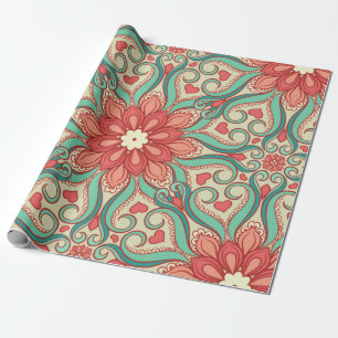 Papier Cadeau motif floral abstrait avec les coeurs sur un gre l