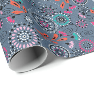 Papier Cadeau Motif floral abstrait folklorique ethnique gris bl