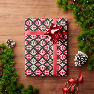 Papier Cadeau Motif floral abstrait rouge et blanc