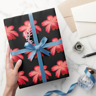 Papier Cadeau Motif floral aquarelle Fleur rouge sur fond noir