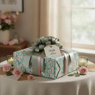 Papier Cadeau Motif floral aquarelle pêche et vert