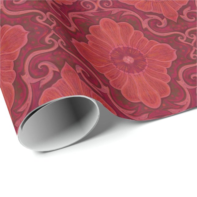 Papier Cadeau motif floral arabesque "Fleur rouge" (Coin rond)