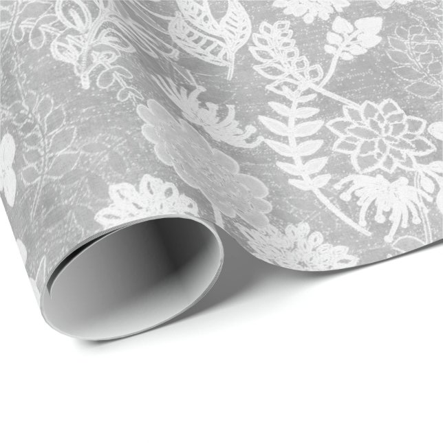Papier Cadeau Motif floral argent et blanc (Coin rond)