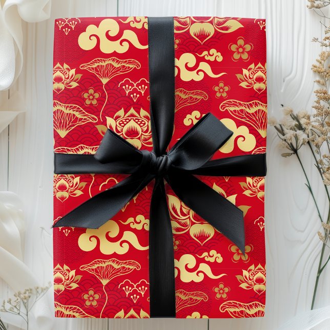 Papier Cadeau Motif floral asiatique oriental de lotus chinois (Créateur téléchargé)