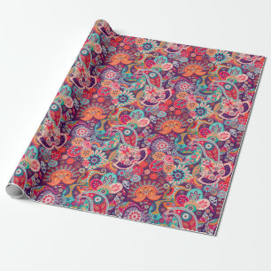 Papier Cadeau Motif floral au néon rose de Paisley