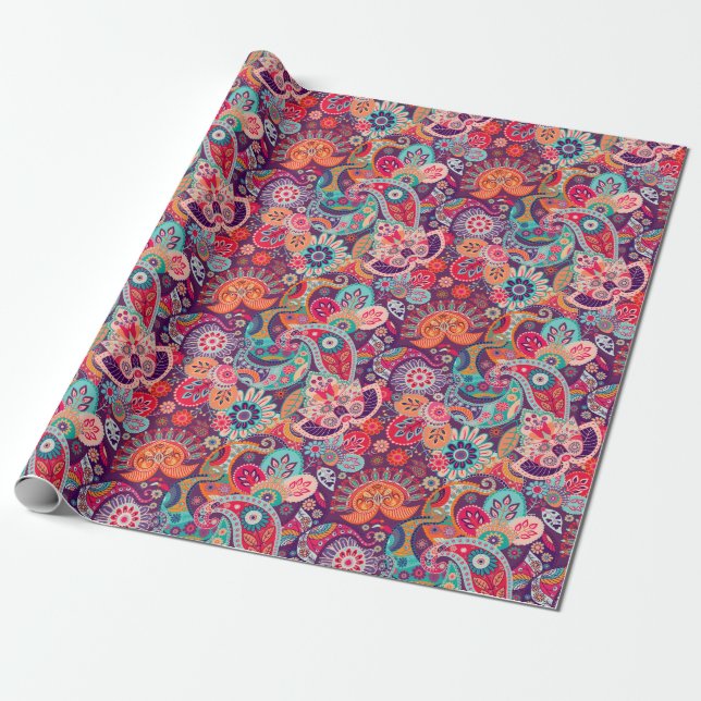 Papier Cadeau Motif floral au néon rose de Paisley (Déroulé)