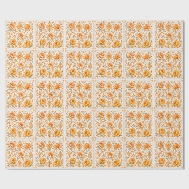 Papier Cadeau Motif Floral Baroque Vintage – Orange Chaud / Or (Plat)