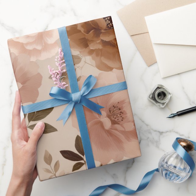 Papier Cadeau Motif floral beige fleur rose poussiéreuse Boho (Cadeaux)