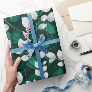 Papier Cadeau Motif floral blanc à feuille émeraude élégant