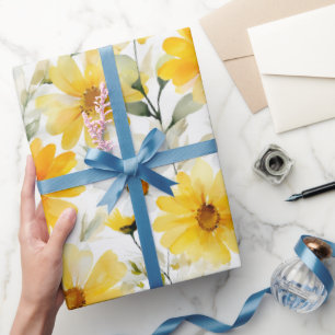 Papier Cadeau Motif floral blanc à la marguerite jaune doux aqua