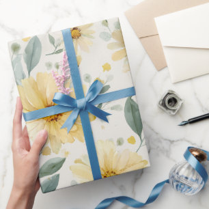 Papier Cadeau Motif floral blanc à la marguerite jaune doux aqua