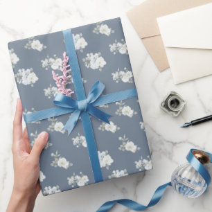 Papier Cadeau Motif floral blanc chic bleu foncé
