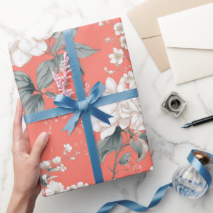 Papier Cadeau Motif floral blanc de corail féminin