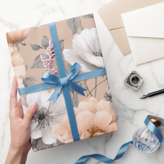 Papier Cadeau Motif floral blanc de fleur de pêche douce romanti (Cadeaux)