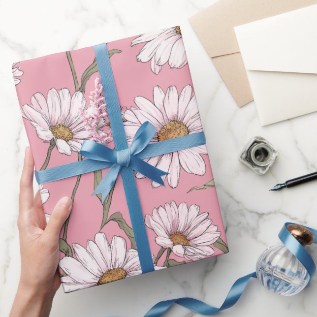 Papier Cadeau Motif floral blanc de marguerite rose dessinée à l (Cadeaux)