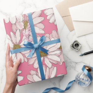 Papier Cadeau Motif floral blanc de marguerite rose dessinée à l