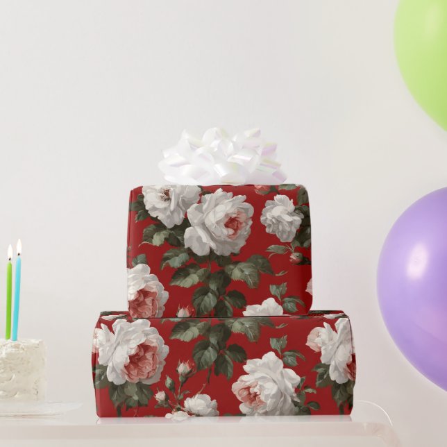 Papier Cadeau Motif floral blanc de rose rouge classique (Cadeaux de fête)
