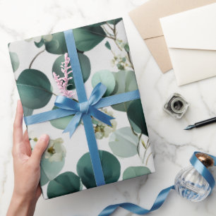 Papier Cadeau Motif floral blanc eucalyptus vert botanique