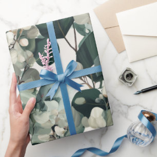Papier Cadeau Motif floral blanc eucalyptus vert botanique