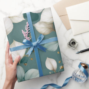 Papier Cadeau Motif floral blanc feuille émeraude élégant
