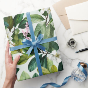 Papier Cadeau Motif floral blanc feuille verte aquarelle