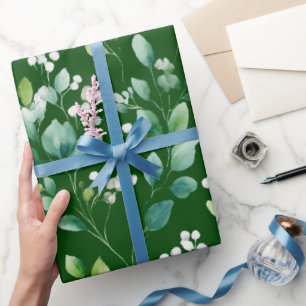 Papier Cadeau Motif floral blanc feuille verte aquarelle