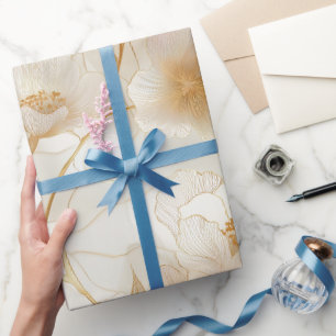 Papier Cadeau Motif floral blanc or doux élégant