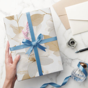 Papier Cadeau Motif floral blanc or doux élégant