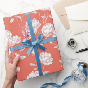 Papier Cadeau Motif floral blanc rose corail moderne