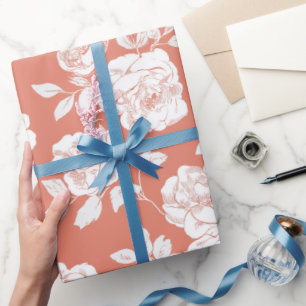 Papier Cadeau Motif floral blanc rose corail moderne