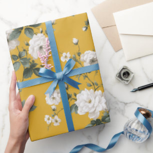 Papier Cadeau Motif floral blanc rose jaune classique