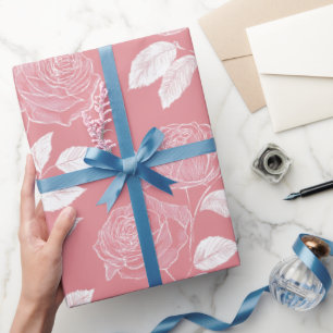 Papier Cadeau Motif floral blanc rose rose dessiné à la main