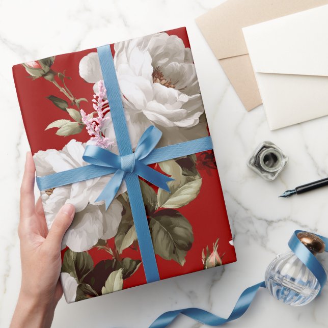 Papier Cadeau Motif floral blanc rose rouge classique (Cadeaux)