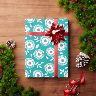 Papier Cadeau Motif floral blanc sur fond turquoise